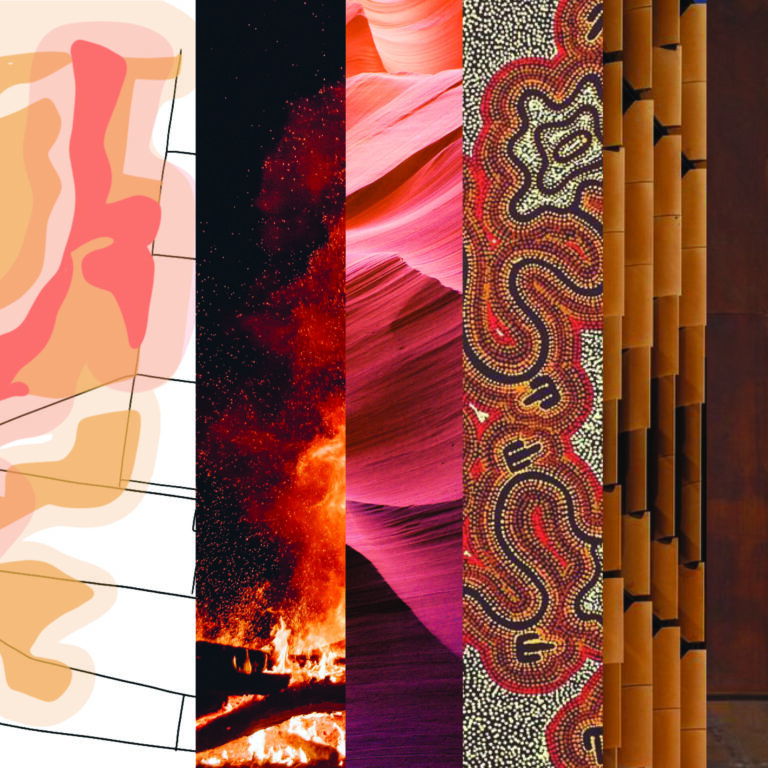 A series of precedent images showing the design intent behind Ignite.
From left to right: Fire Hazard Zoning Map of Kenilworth, a fire burning, red earth, traditional Aboriginal painting, external vertical fins & rust coloured maroon metal sheet. 
